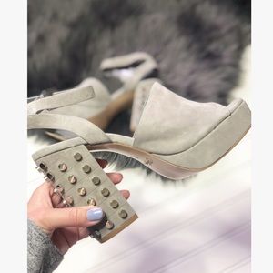 Gray Suede Studded Block Strappy Heels